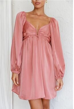 The Post Satin Long Sleeve Mini Dress Lace-Up Back Coquette Pink Party L